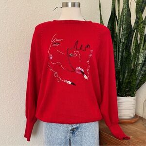 Vintage 90s Abstract Art Face Beaded Sweater Red Statement Knit Large